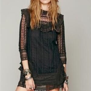 Free People Victor Victorian Round Mock Bib Black XS Goth Lace Dress